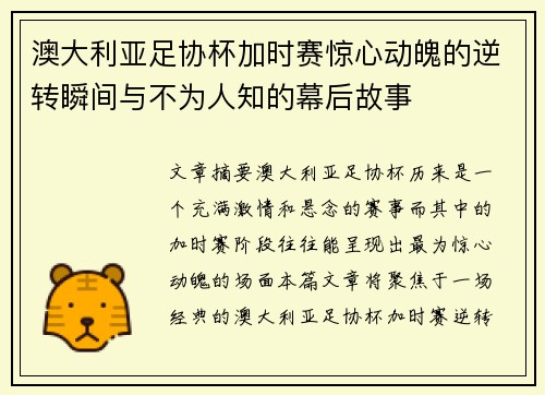 澳大利亚足协杯加时赛惊心动魄的逆转瞬间与不为人知的幕后故事